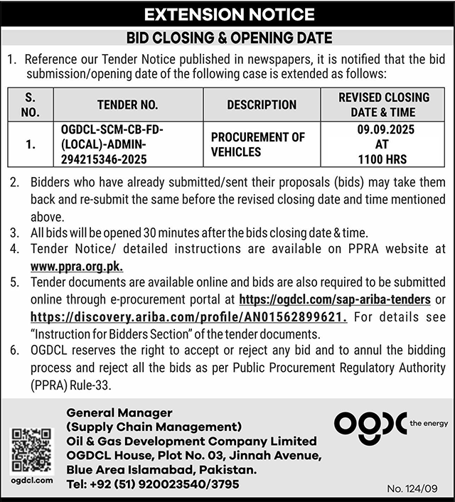 Oil & Gas Development Company Limited Islamabad Tender Notice